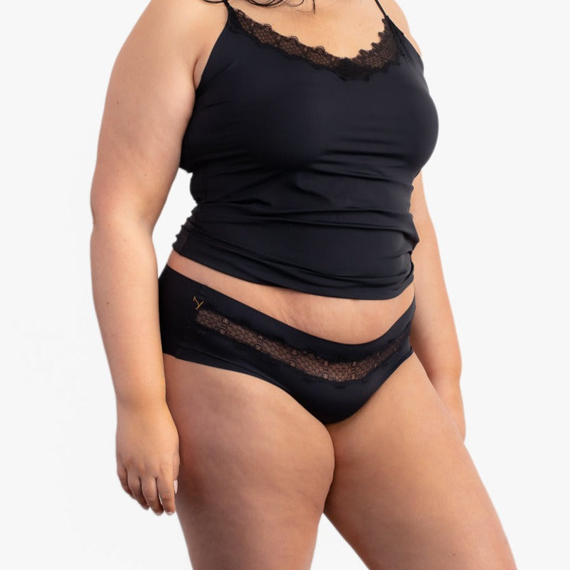 A tap shoe black soft seamless underwear briefs and cami set with lace details.