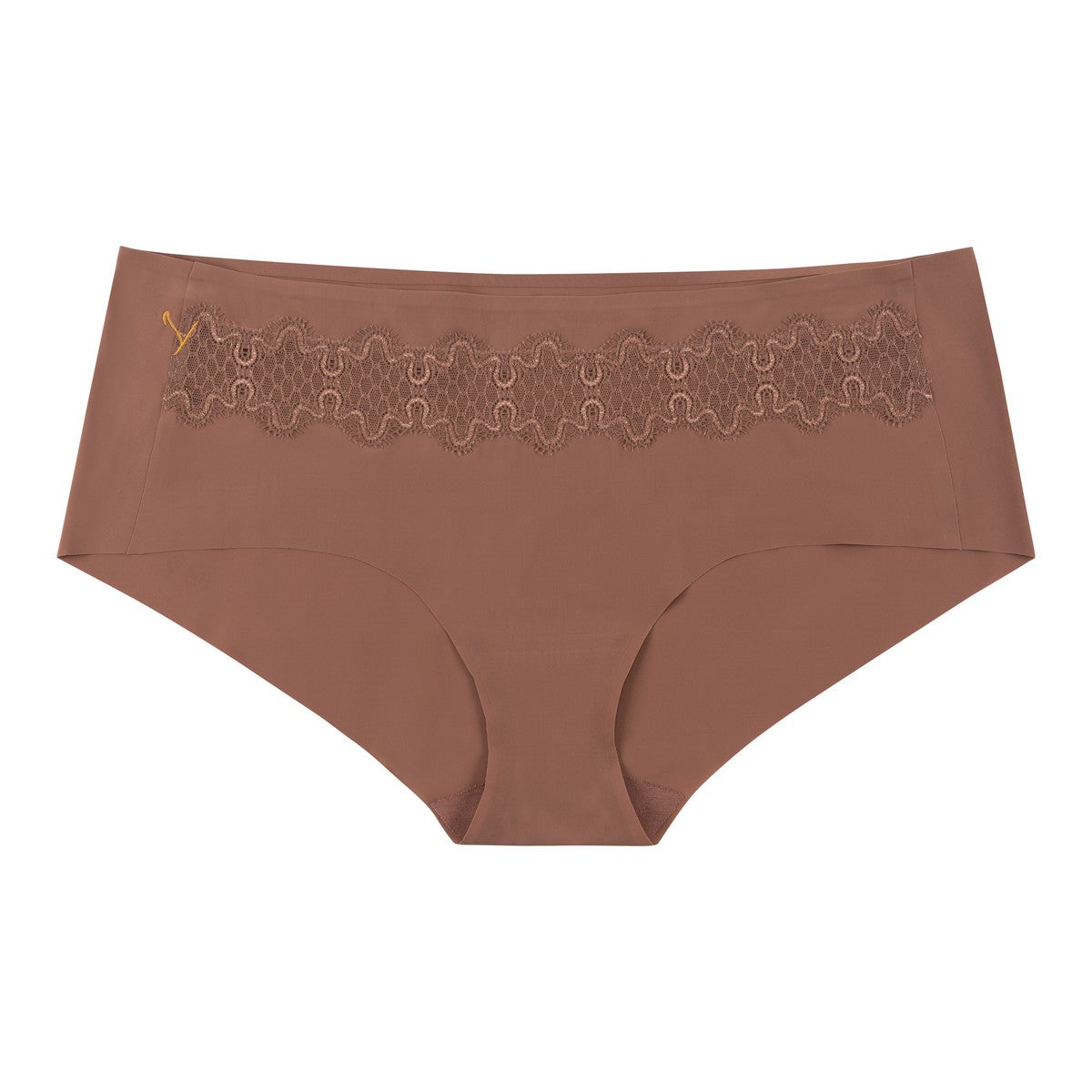 A pair of toffee soft seamless briefs with lace detailing white background.