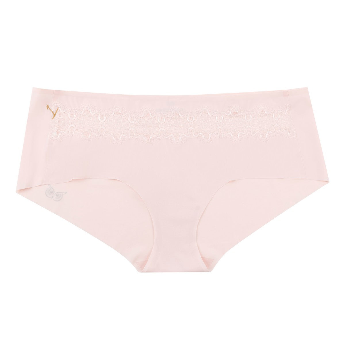A pair of rose quartz soft seamless briefs with lace detailing on white background.