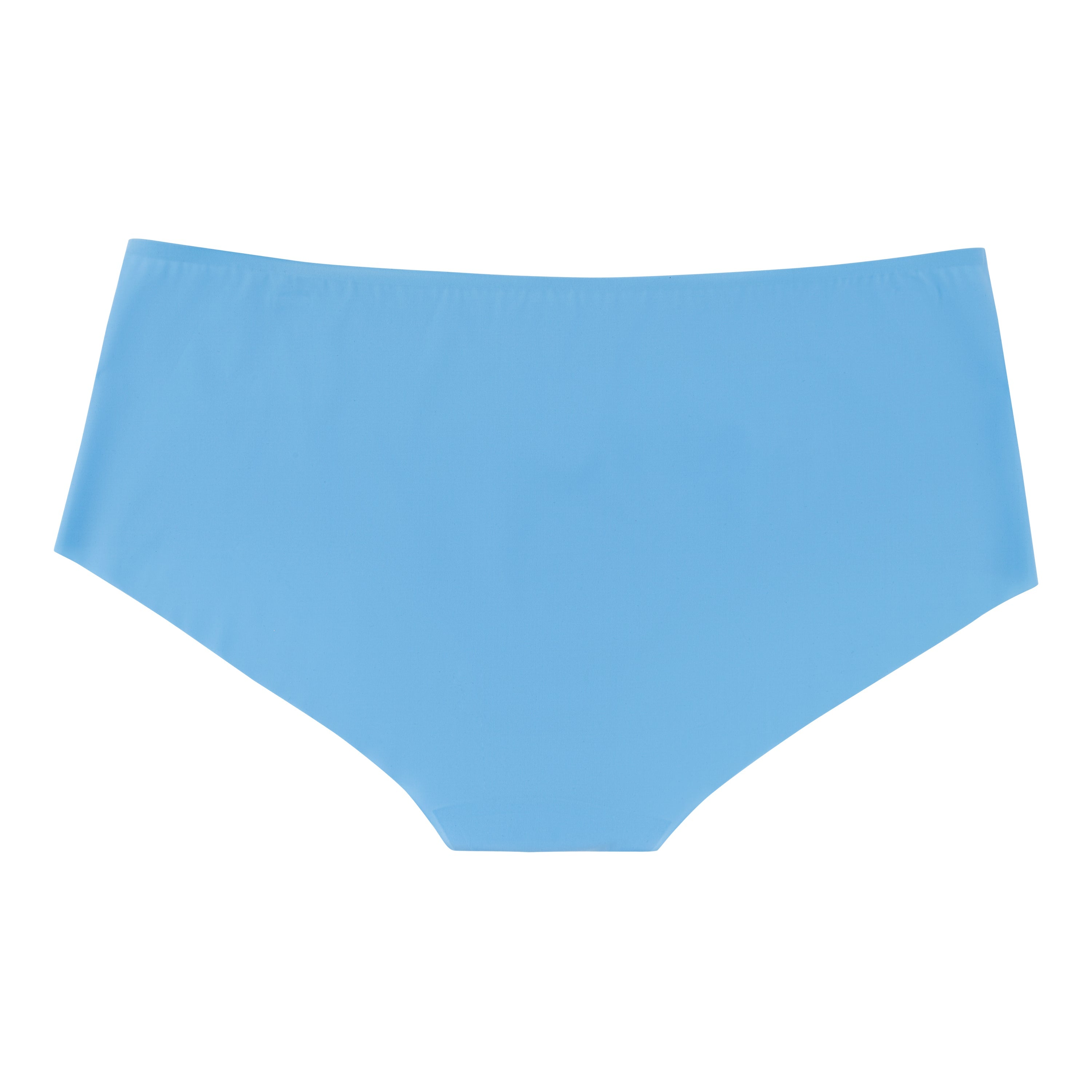 A pair of boy blue soft seamless briefs with lace detailing white background.