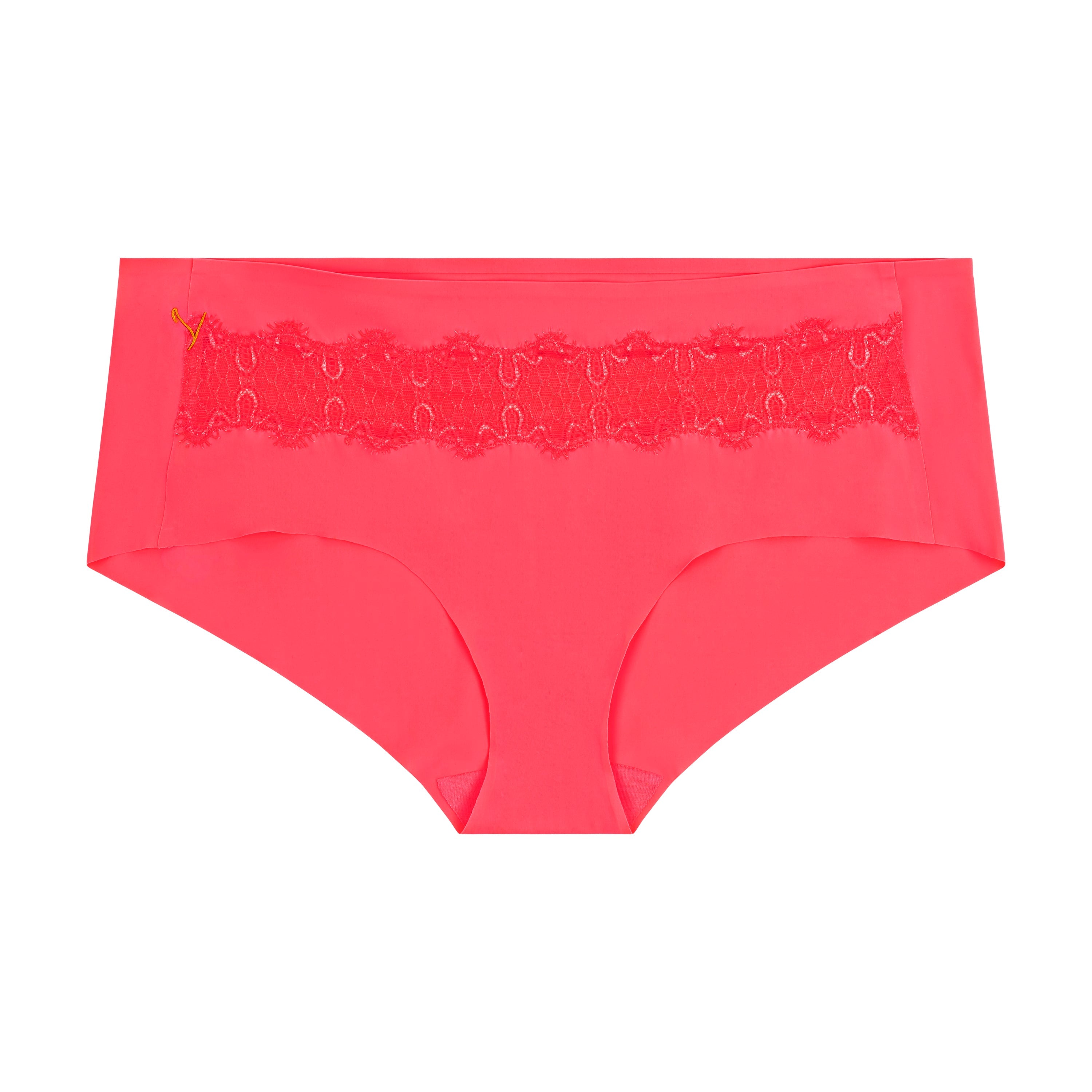 A pair of calypso coral soft seamless briefs with lace detailing white background.