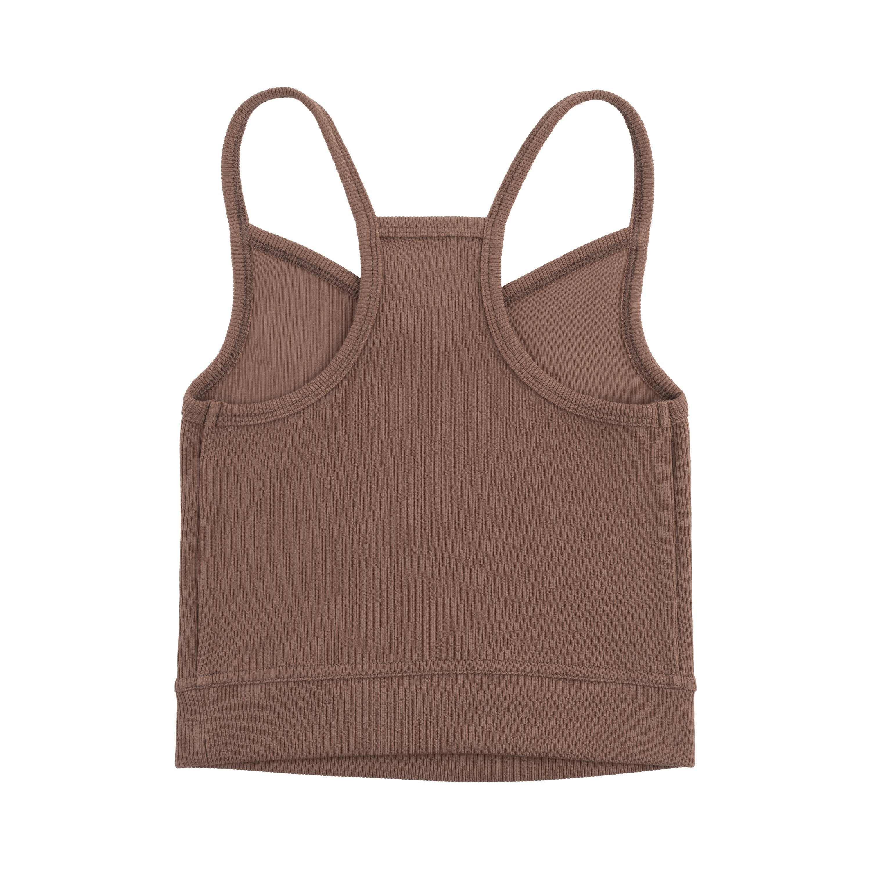 Toffee bralette with thin straps and a ribbed texture on white backround.