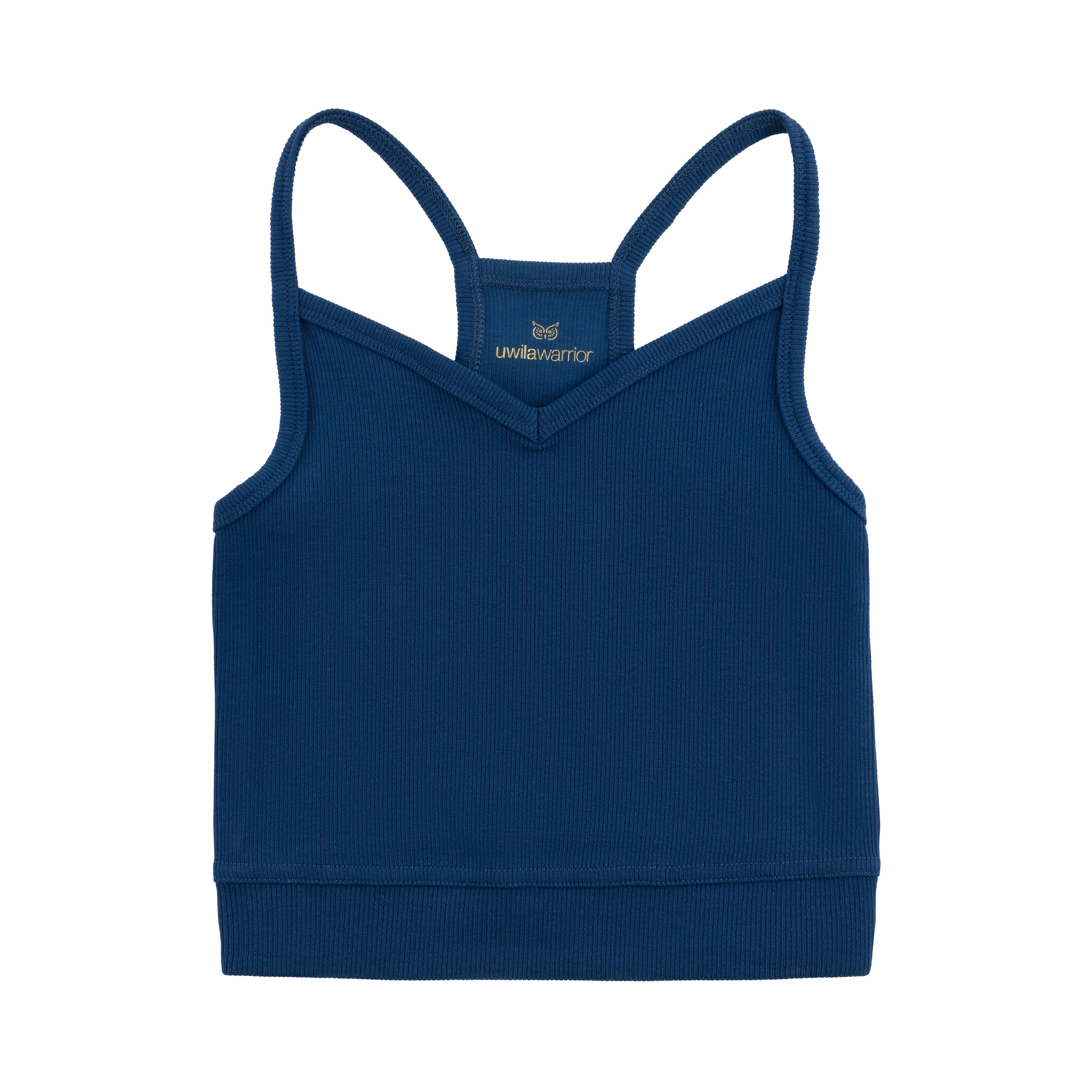 Estate Blue bralette with thin straps and a ribbed texture on white background.