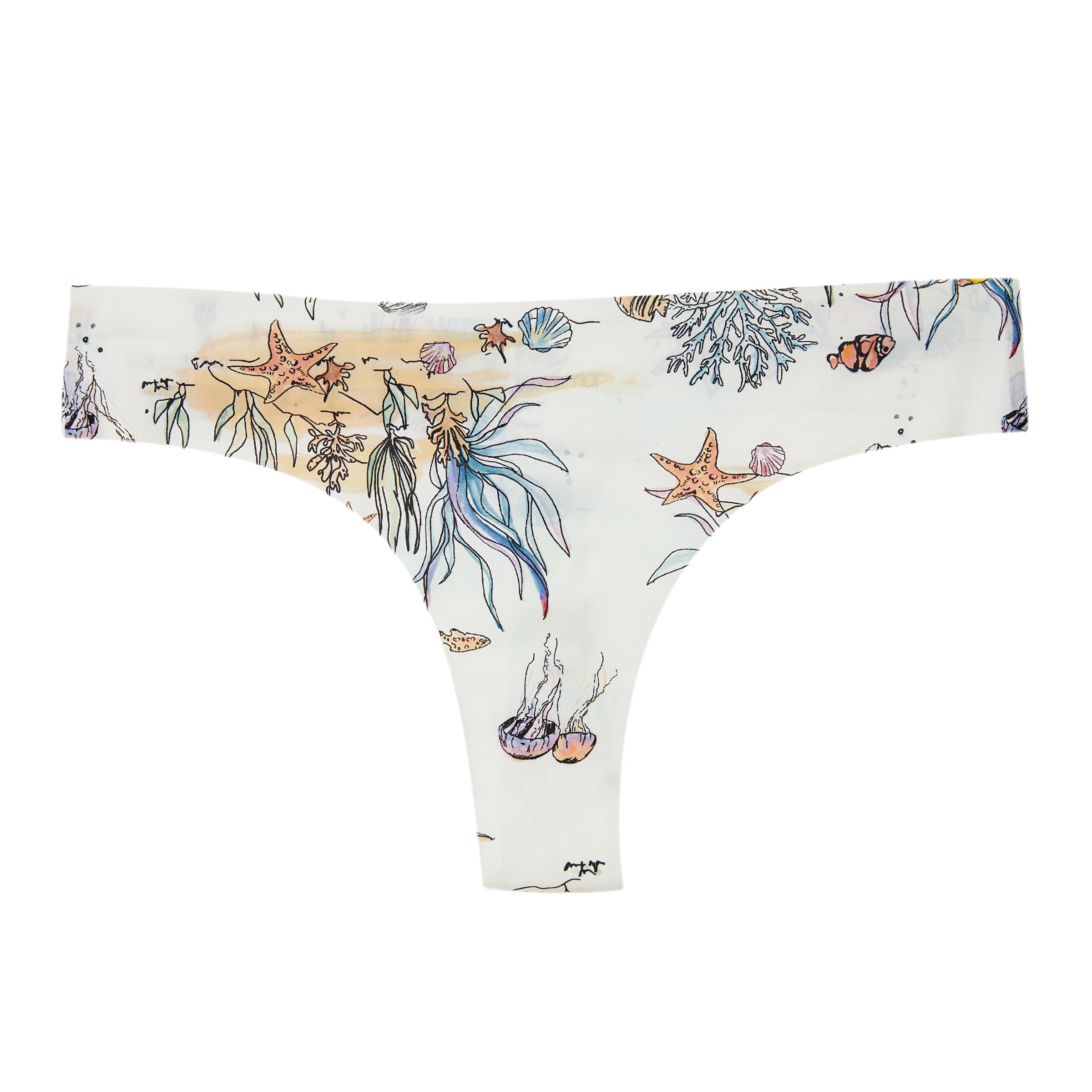 Sea Print Soft Seamless thong on white background.