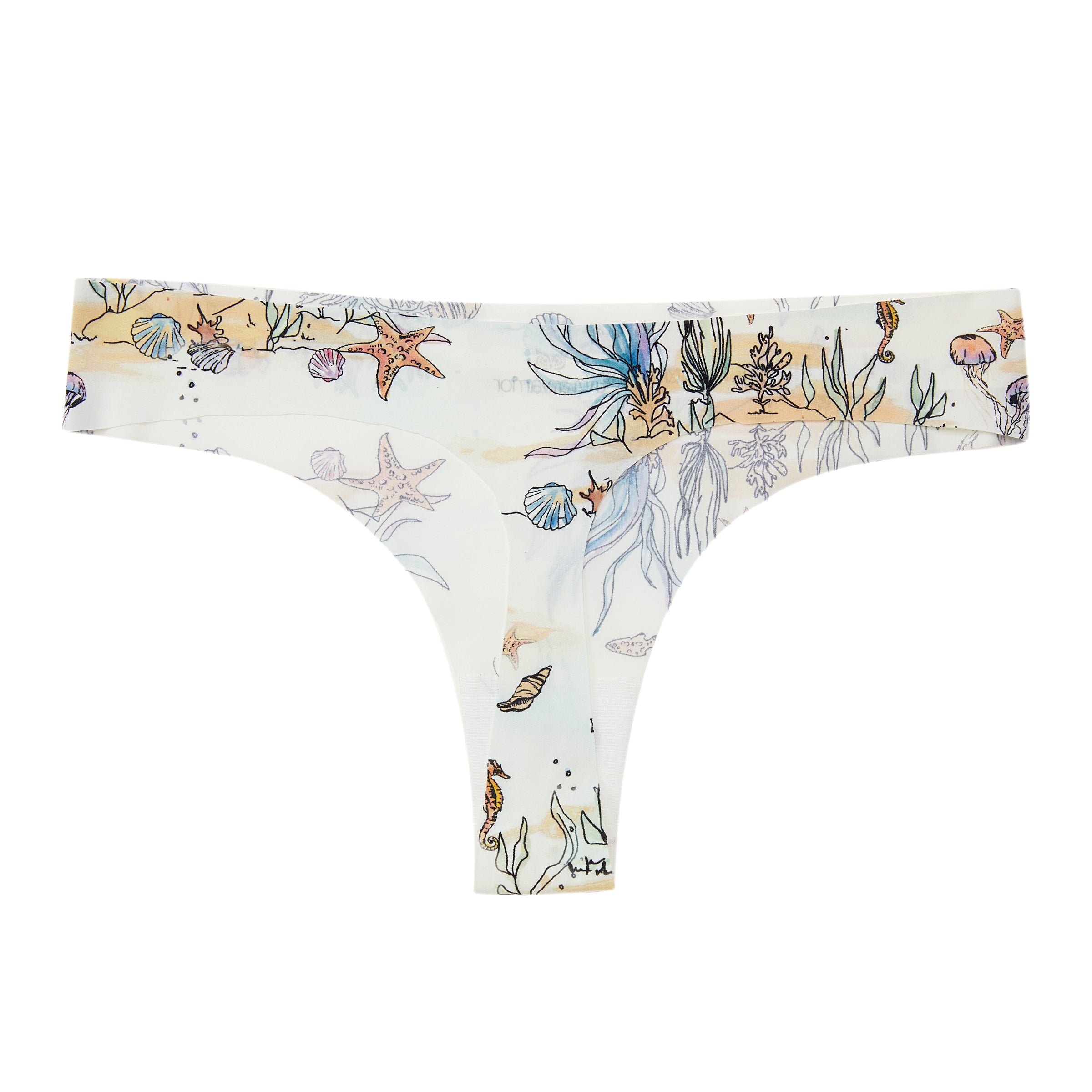 Sea Print Soft Seamless thong on white background.