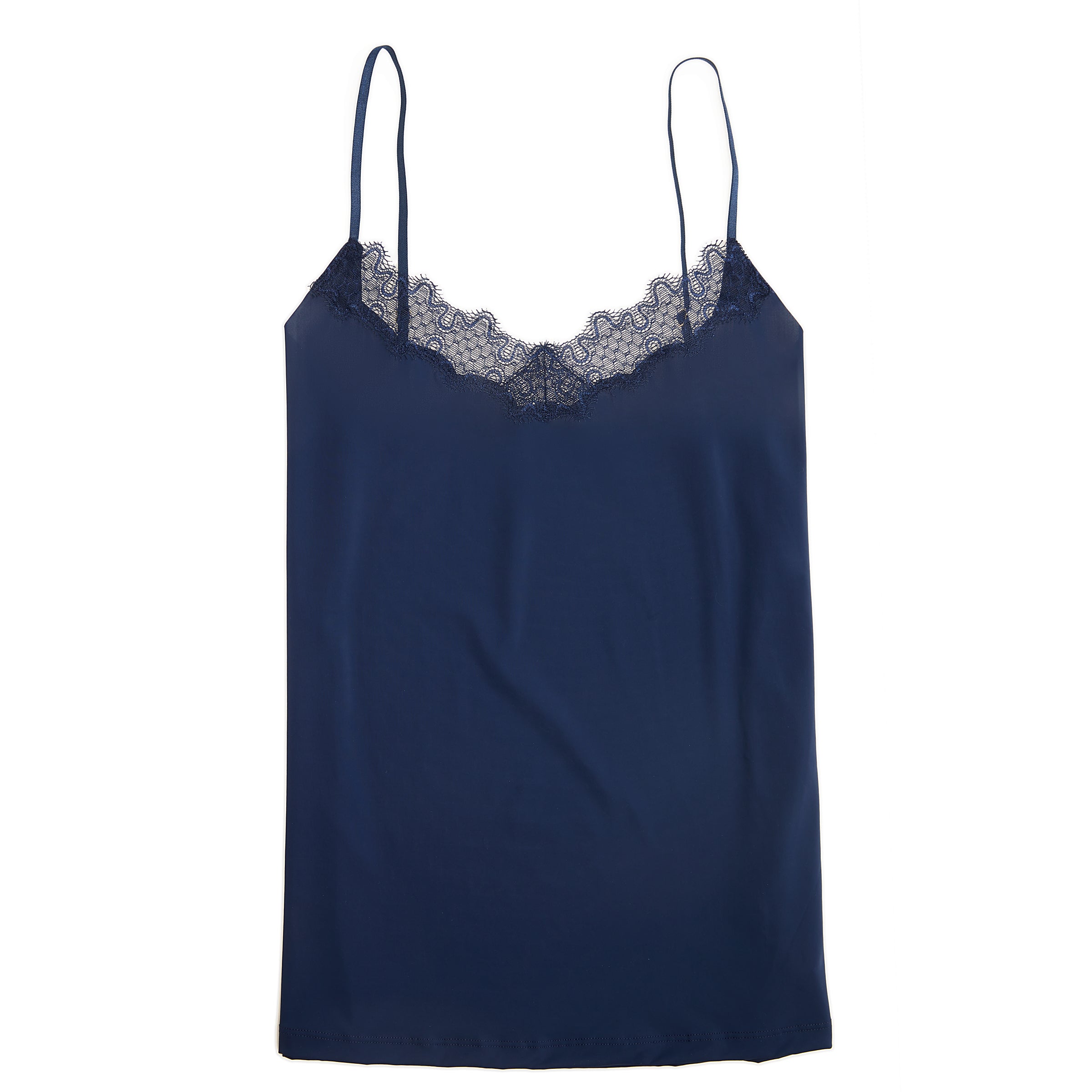 Dress blue soft seamless lace-trimmed camisole against white background.