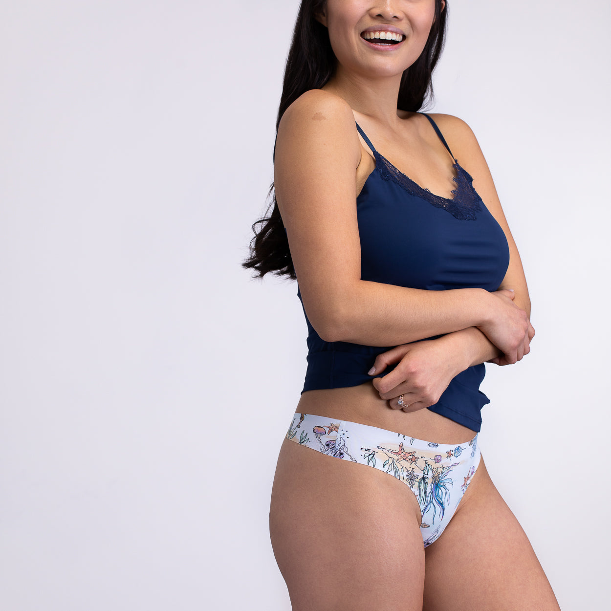 Sea Print Soft Seamless thong on white background.