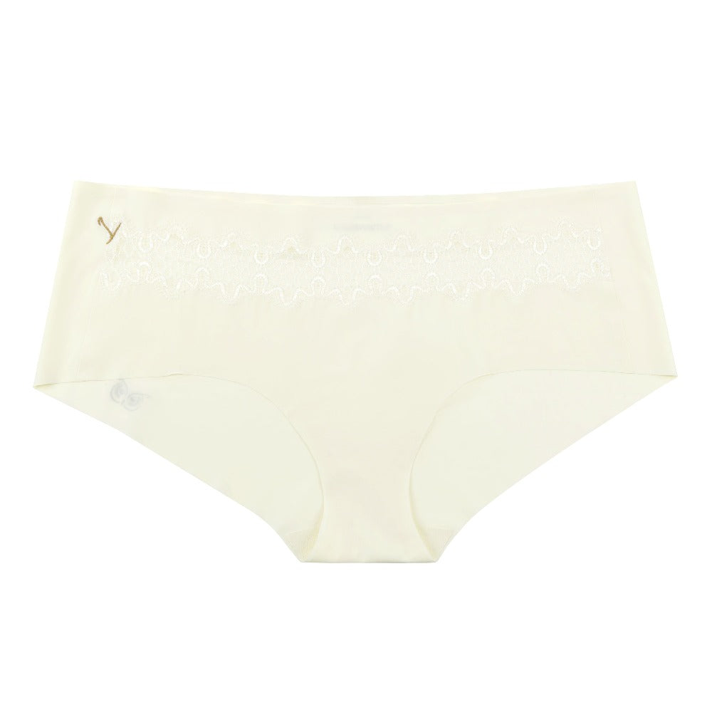 A pair of winter white soft seamless briefs with lace detailing white background.