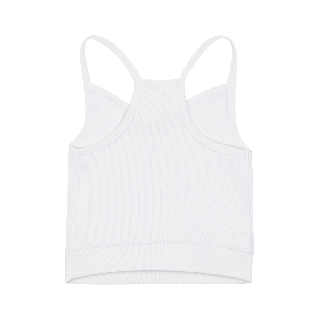 A white bralette with thin straps and a ribbed texture on white background