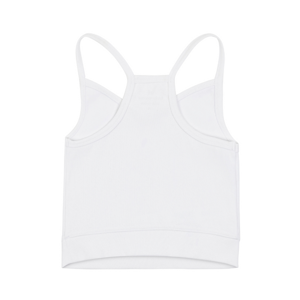 A white bralette with thin straps and a ribbed texture on white background