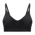 A Tap Shoe Black underwire-free soft bra with adjustable straps and removable cup inserts on white background.