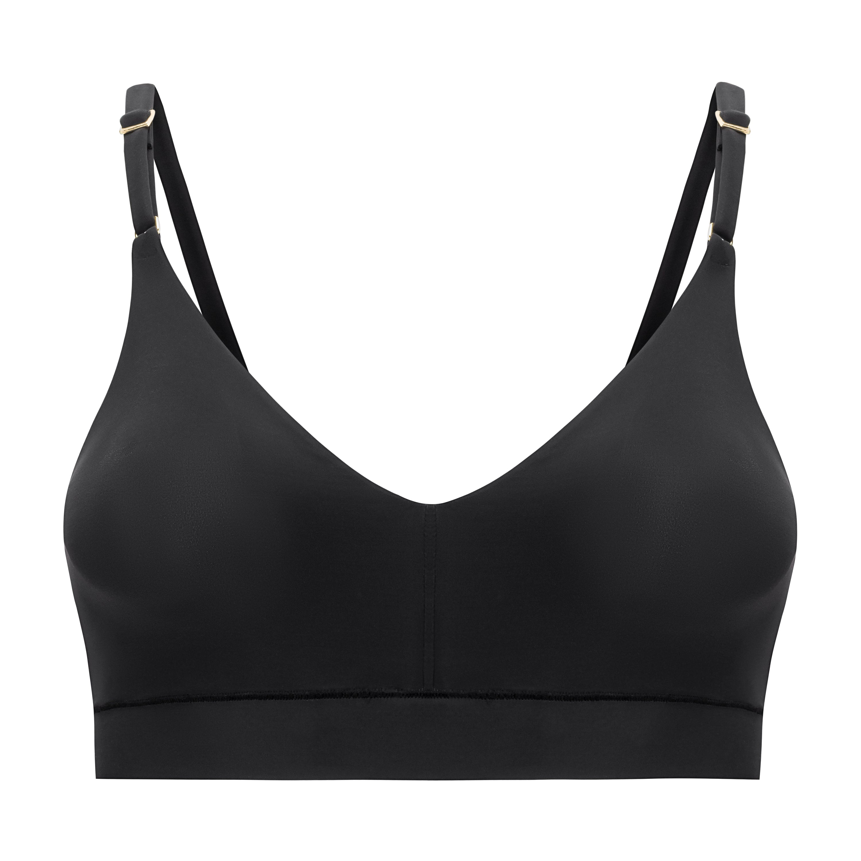 A Tap Shoe Black underwire-free soft bra with adjustable straps and removable cup inserts on white background.