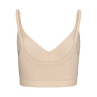 A smoke grey, underwire-free soft bra with adjustable straps and removable cup inserts.