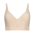 A smoke grey, underwire-free soft bra with adjustable straps and removable cup inserts.