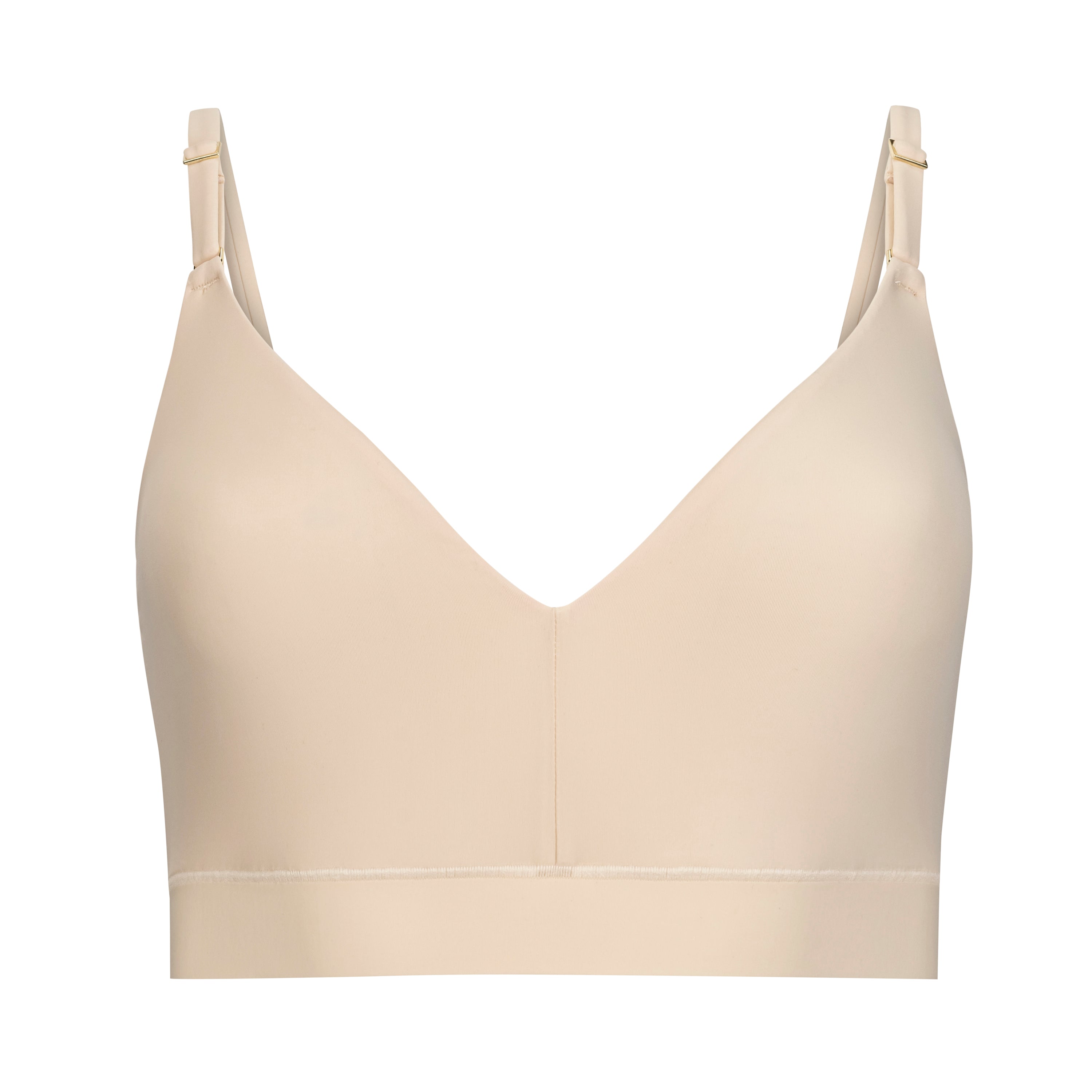 A smoke grey, underwire-free soft bra with adjustable straps and removable cup inserts.