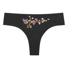soft seamless tap shoe black thong underwear with an embroidered floral pattern in contrasting colors against white background.