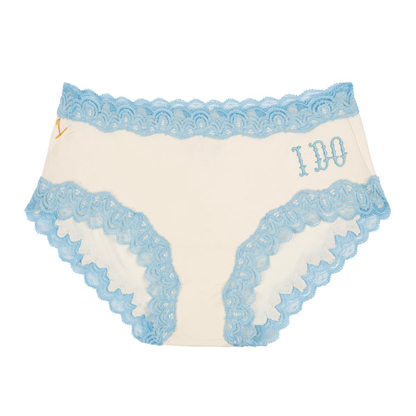 Lace-trimmed underwear with 'I DO' embroidery on a white background