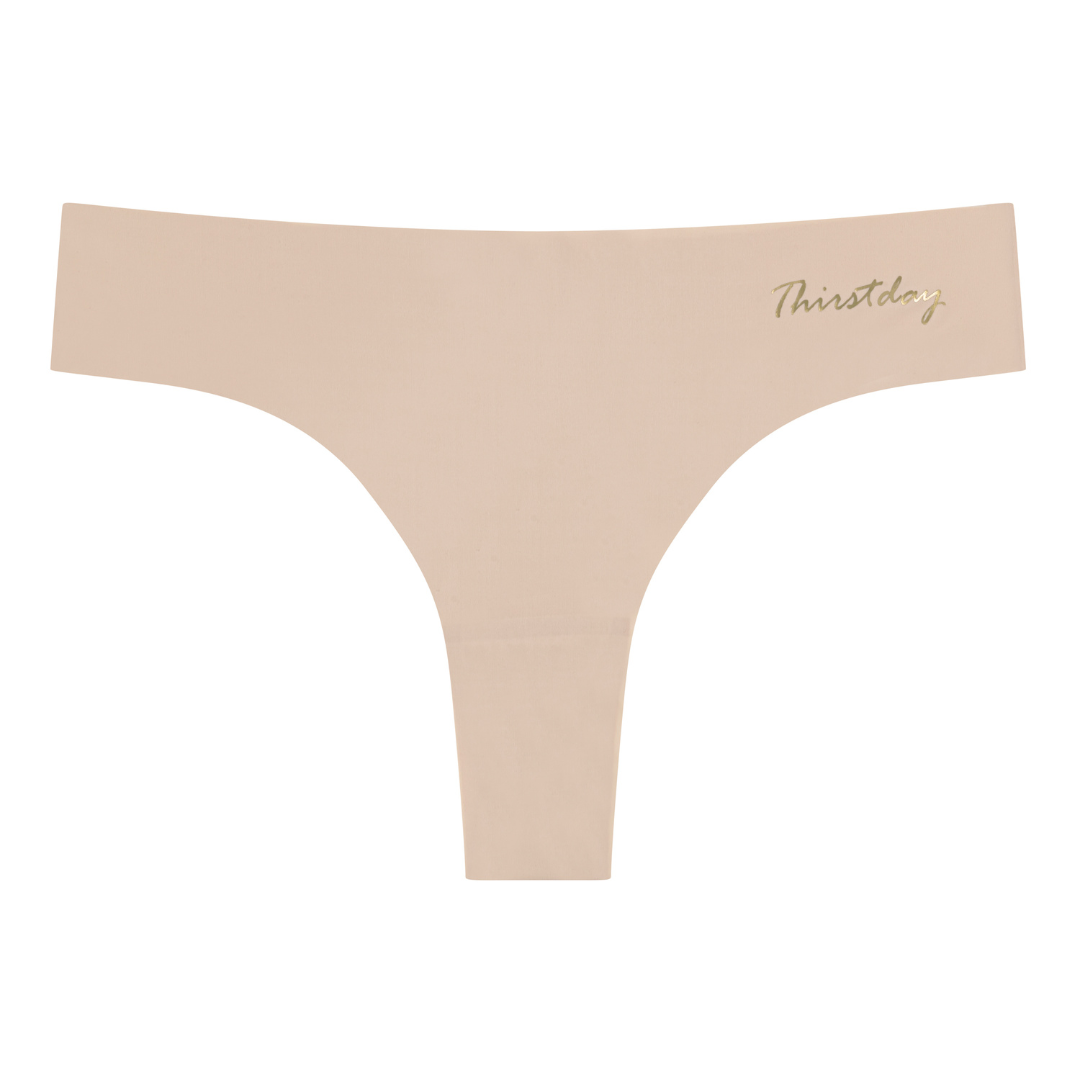 A smoke grey soft seamless thong with 'Thirstday' written in gold on the front.