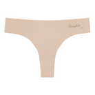 A smoke grey soft seamless thong with 'Thirstday' written in gold on the front.