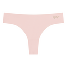 A rose qaurtz soft seamless thong with 'TGIF' written in gold on the front.