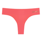 A Calypso Coral soft seamless thong with 'SaturYaY' written in gold on the front.