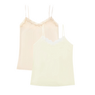 Two soft seamless camisoles, one in winter white and one in smoke grey, with adjustable straps and lace detail at the neckline on white background.