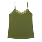 A green camisole top with delicate lace detail at the neckline, with adjustable straps.