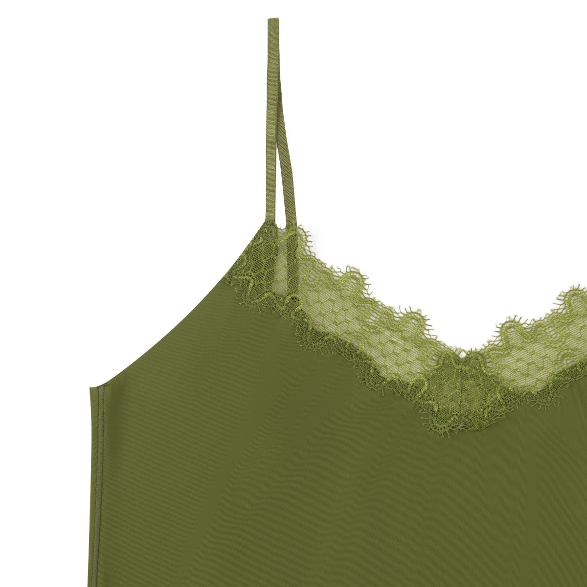 A green soft seamless camisole with delicate lace detail at the neckline, with adjustable straps.