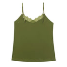 A green soft seamless camisole with delicate lace detail at the neckline, with adjustable straps.