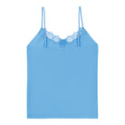 A light blue soft seamless camisole top with delicate lace detail at the neckline, with adjustable straps.