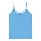 A light blue soft seamless camisole top with delicate lace detail at the neckline, with adjustable straps.