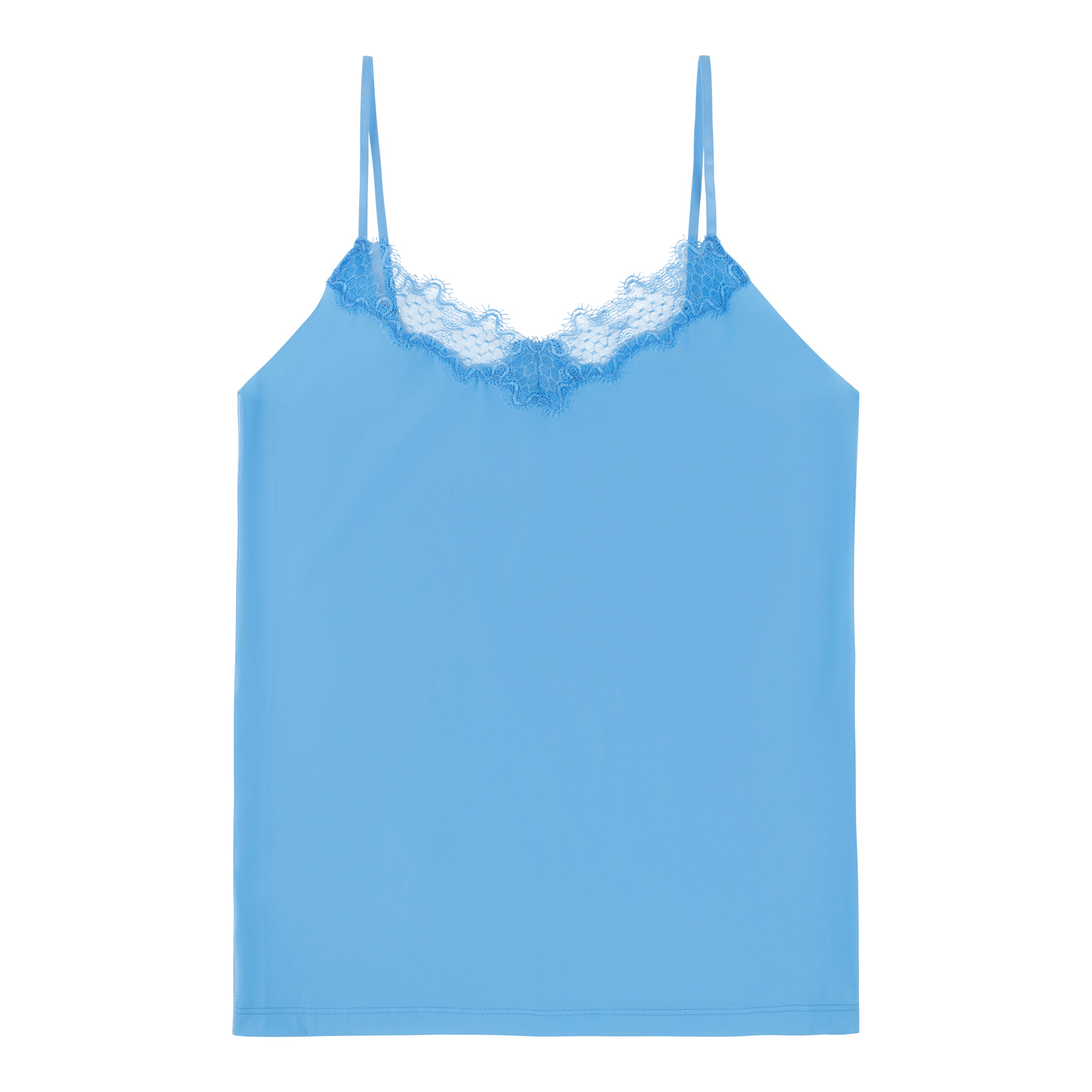 A light blue soft seamless camisole top with delicate lace detail at the neckline, with adjustable straps.