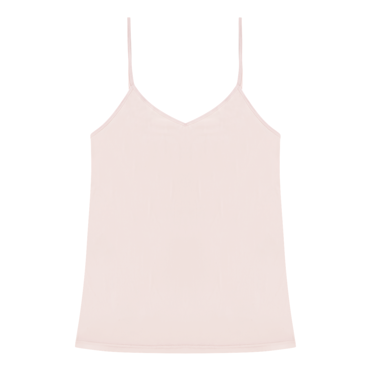 Rose Quartz soft seamless camisole with adjustable spaghetti straps and a V-neckline on white background.