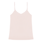 Rose Quartz soft seamless camisole with adjustable spaghetti straps and a V-neckline on white background.