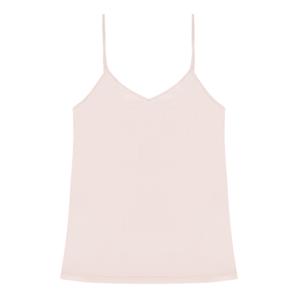Rose Quartz soft seamless camisole with adjustable spaghetti straps and a V-neckline on white background.