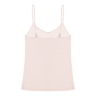 Rose Quartz soft seamless camisole with adjustable spaghetti straps and a V-neckline on white background.