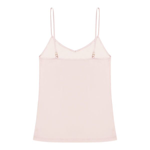 Rose Quartz soft seamless camisole with adjustable spaghetti straps and a V-neckline on white background.