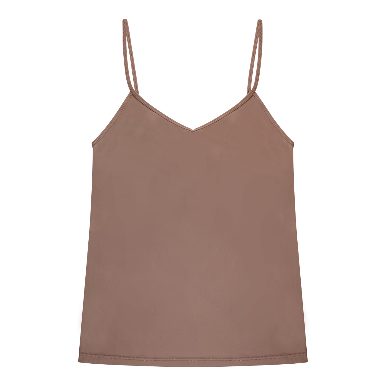 Toffee soft seamless camisole with adjustable spaghetti straps and a V-neckline on white background.