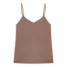 Toffee soft seamless camisole with adjustable spaghetti straps and a V-neckline on white background.