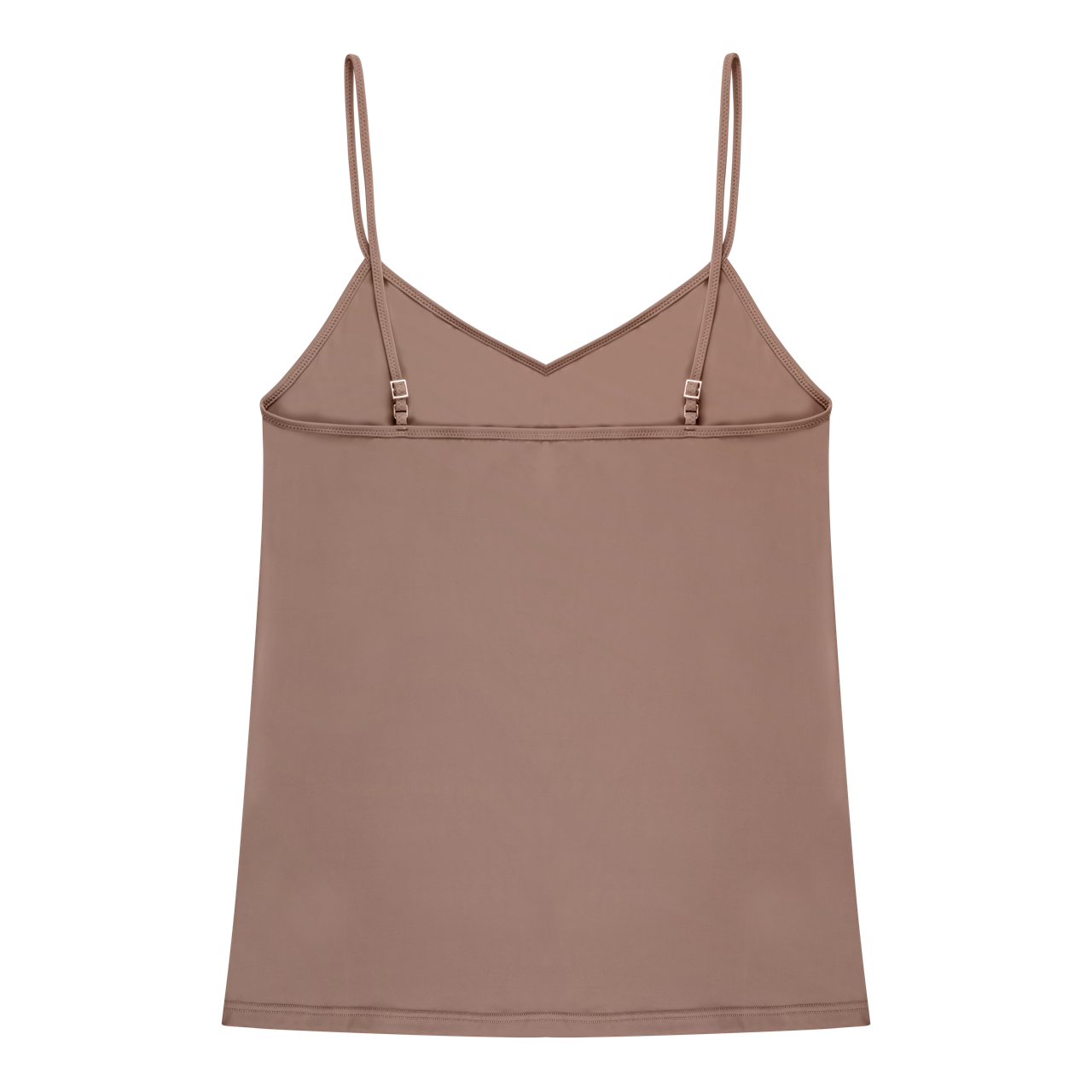 Toffee soft seamless camisole with adjustable spaghetti straps and a V-neckline on white background.
