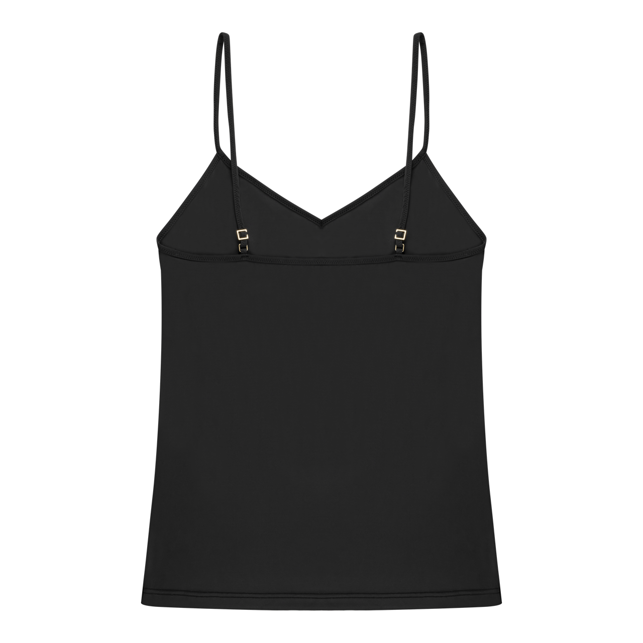 Tap Shoe Black soft seamless camisole with adjustable spaghetti straps and a V-neckline on white background.