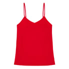 A red soft seamless camisole with adjustable spaghetti straps and a V-neckline.