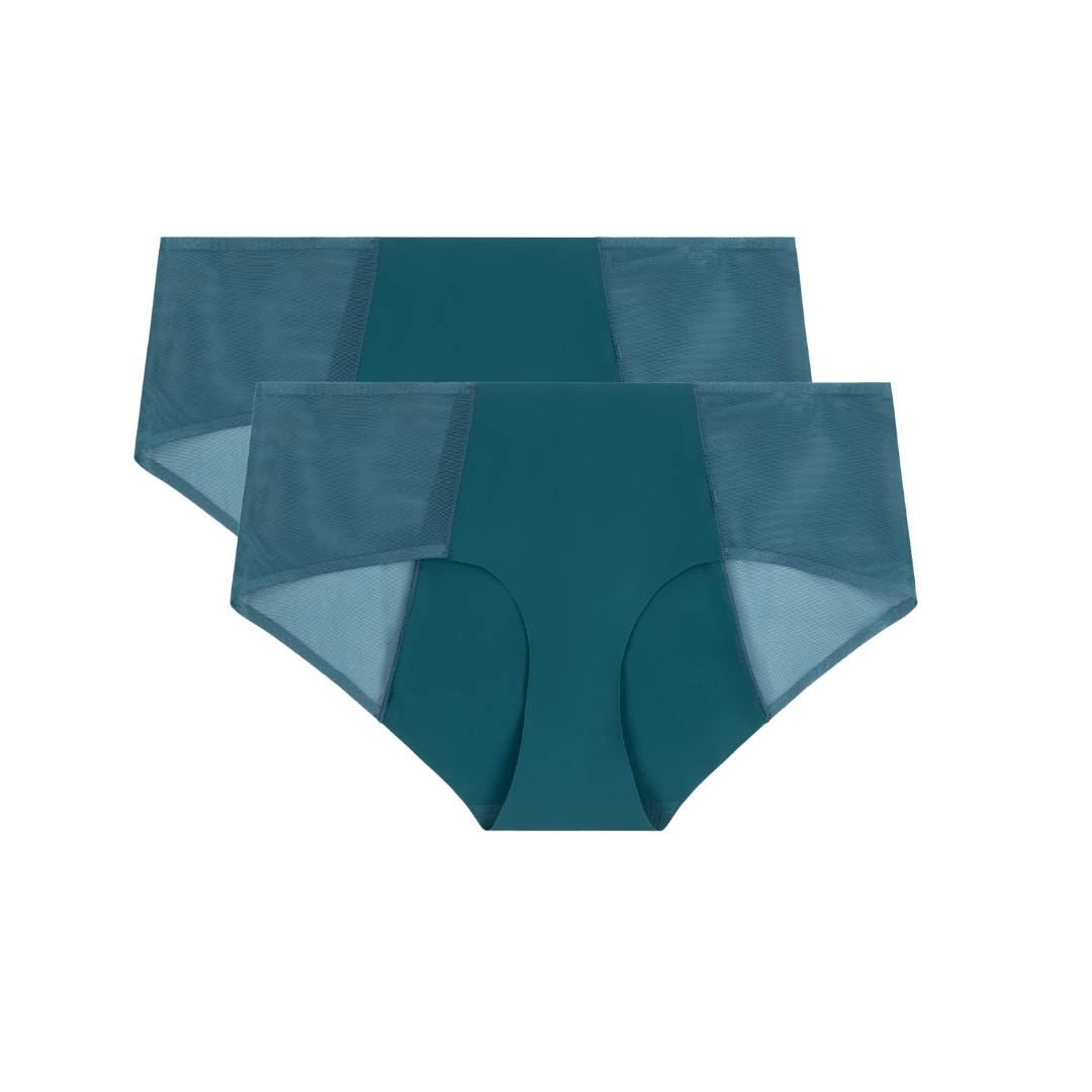 A two-pack of mid-rise, soft seamless with mesh underwear in a solid teal color on white background.