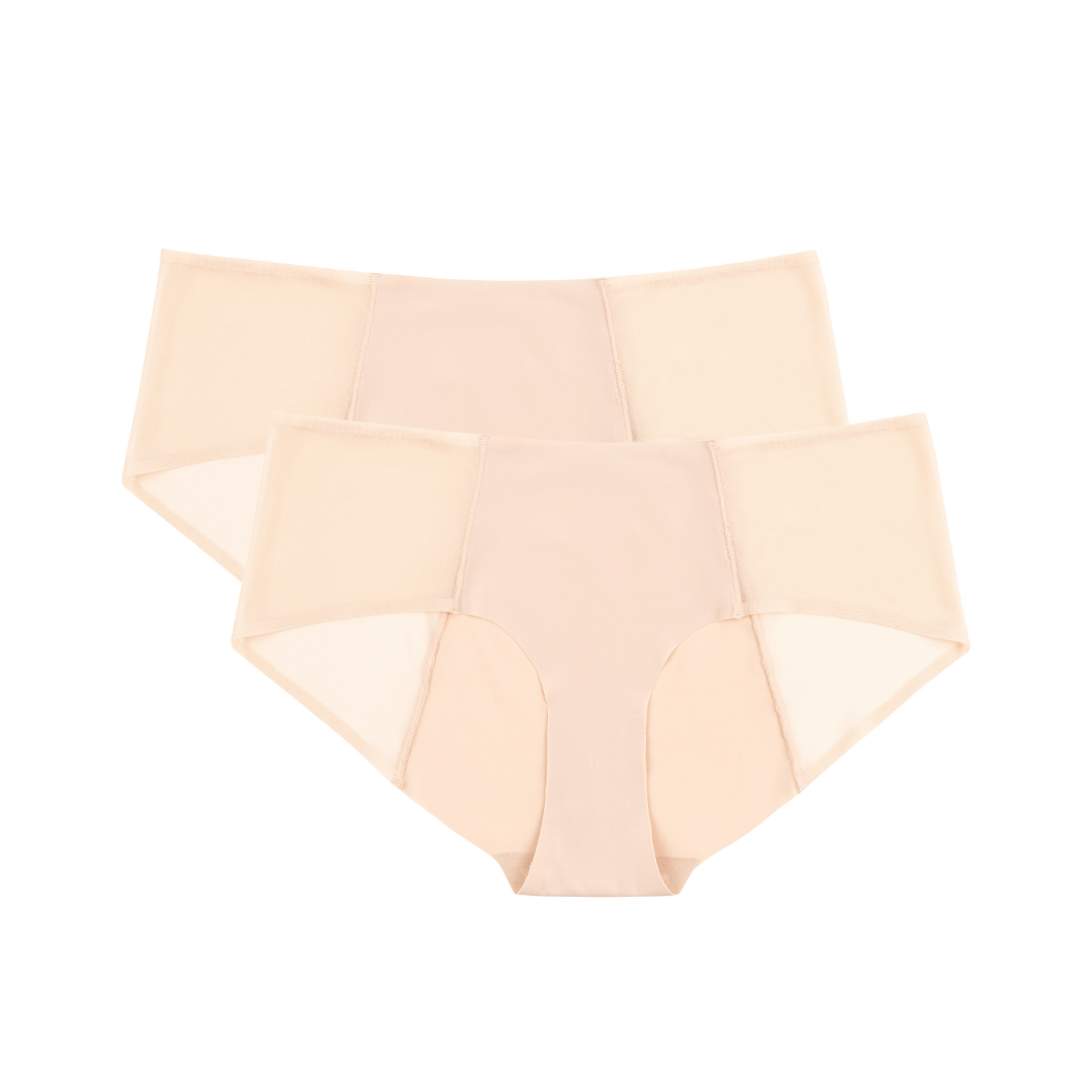 A two-pack of mid-rise, soft seamless with mesh underwear in smoke grey on white background.