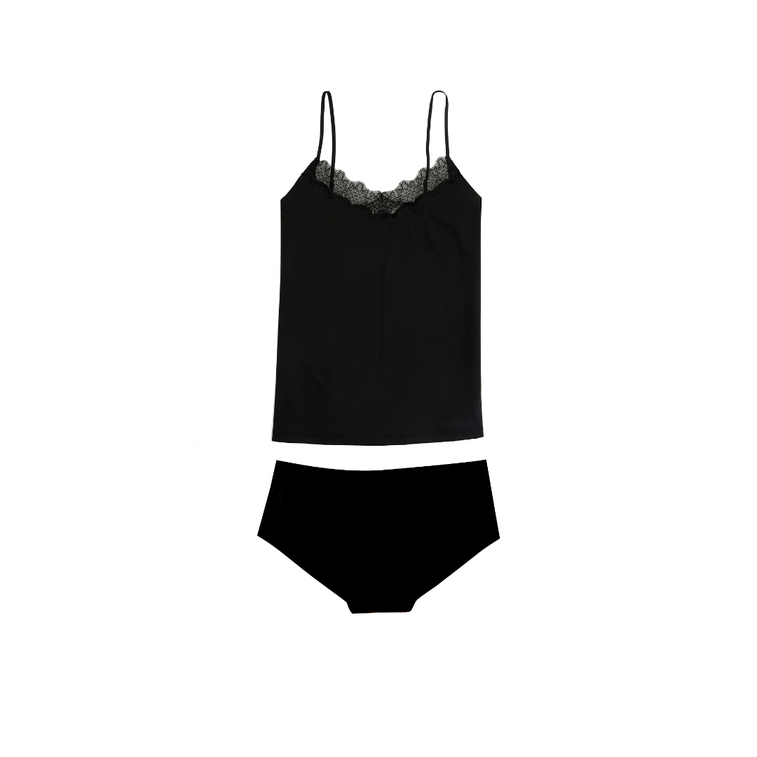 A tap shoe black soft seamless underwear briefs and cami set with lace details.