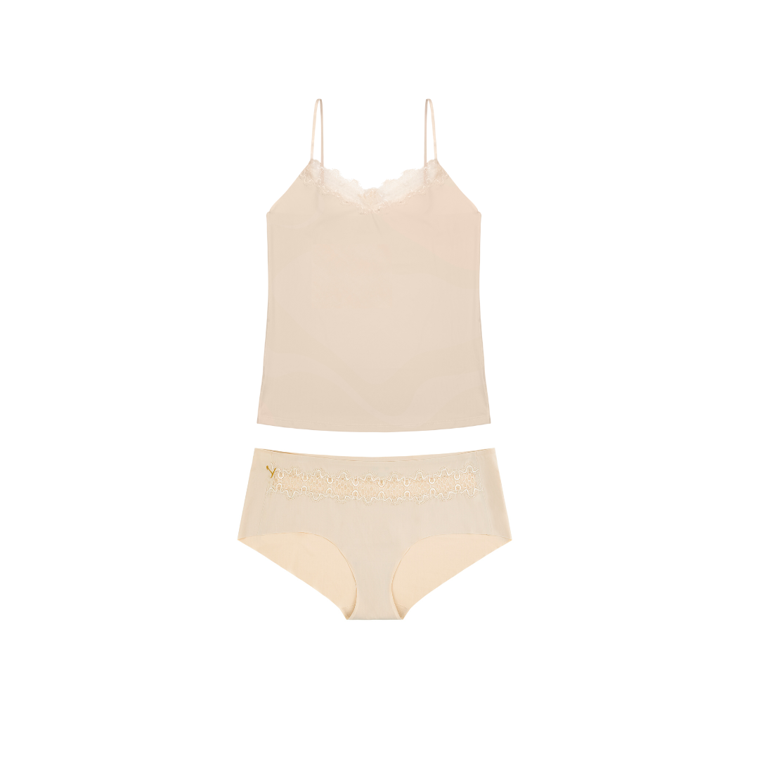 A smoke grey seamless underwear briefs and cami set with lace details.