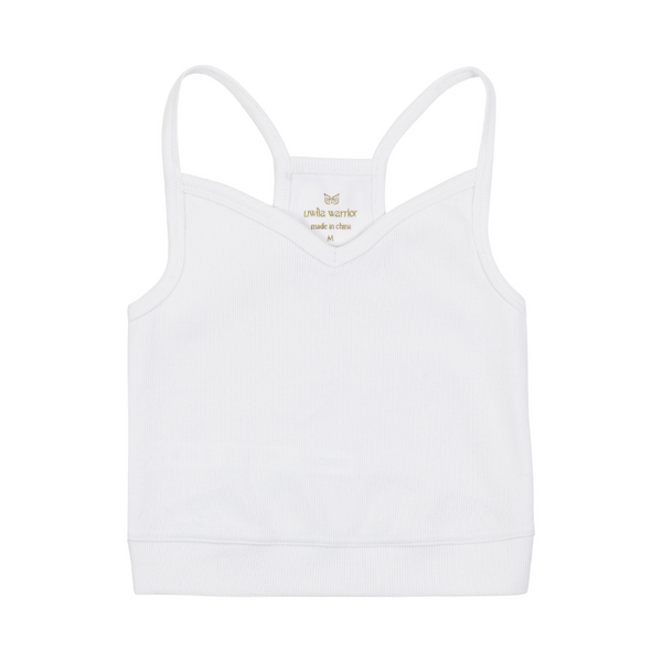 A white bralette with thin straps and a ribbed texture.