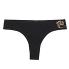 This image features a sleek, black thong with a distinctive metallic gold decal of a zodiac sign on the waistband. The thong is designed with a cotton gusset for superior hygiene and is constructed with thermowelded side seams and removable tags for comfort.