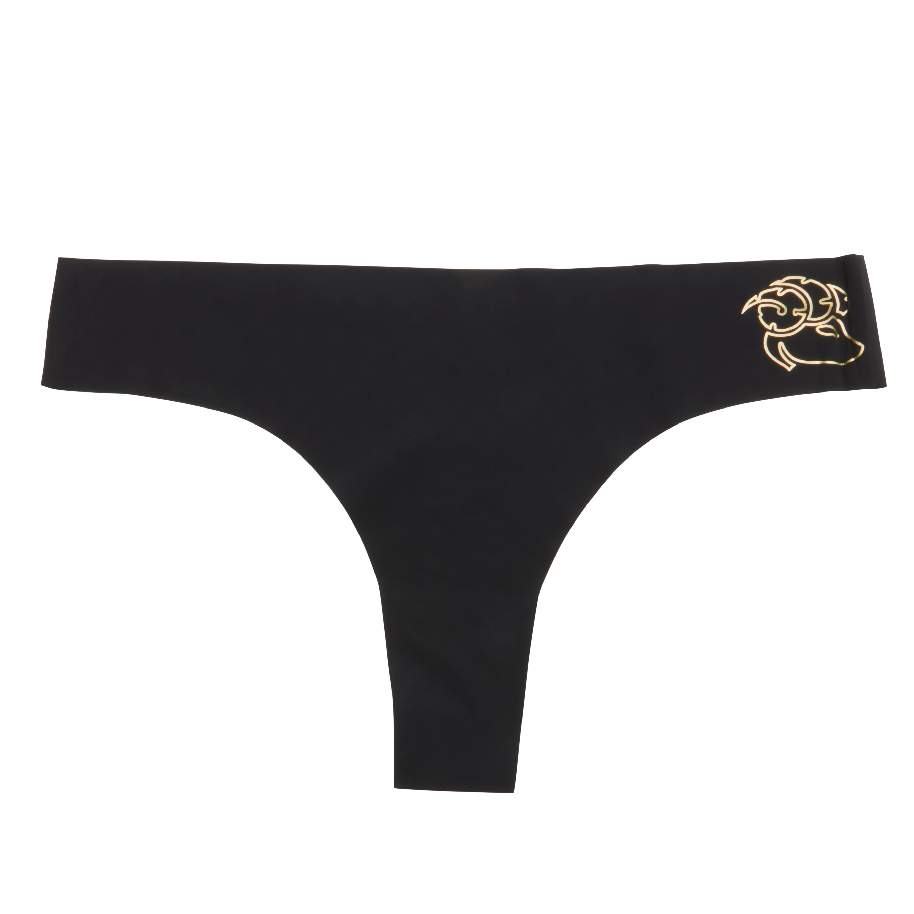 This image features a sleek, black thong with a distinctive metallic gold decal of a zodiac sign on the waistband. The thong is designed with a cotton gusset for superior hygiene and is constructed with thermowelded side seams and removable tags for comfort.