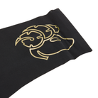 This image features a sleek, black thong with a distinctive metallic gold decal of a zodiac sign on the waistband. The thong is designed with a cotton gusset for superior hygiene and is constructed with thermowelded side seams and removable tags for comfort.